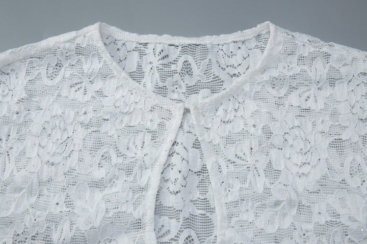 White Floral Lace Keyhole Cap-Sleeve Top