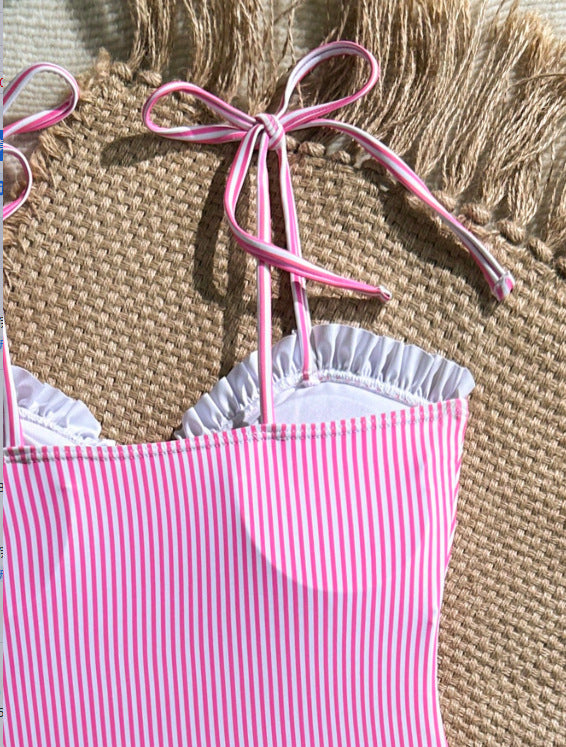 Striped Ruffle Trim Tie-Strap One-Piece Swimsuit