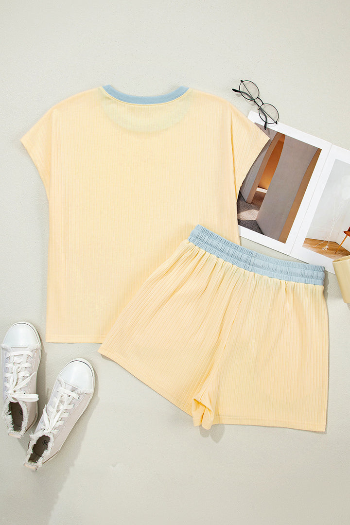 Contrast Trim Ribbed Knit Short Sleeve Top &amp;amp; Drawstring Shorts 2 Piece Loungewear Se