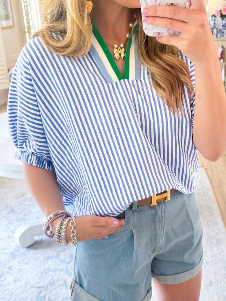 Blue &amp; White Striped Puff Sleeve Blouse with Colorblock V-Neck