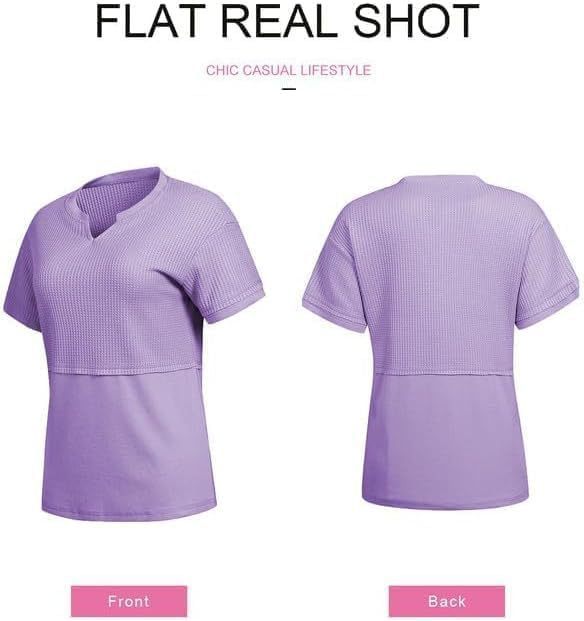 Waffle Knit Split-Neck Short Sleeve Top, Soft Textured Casual Tee