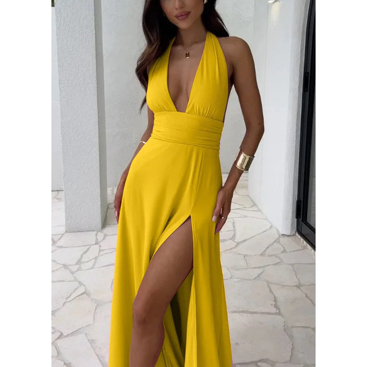 Black Halter Deep V High Slit Flowy Maxi Dress | Elegant Evening Gown