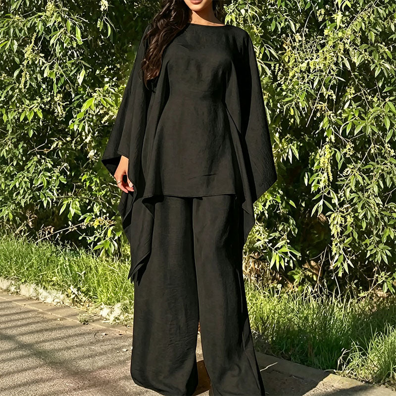 Batwing-sleeve top and wide-leg trousers two-piece set