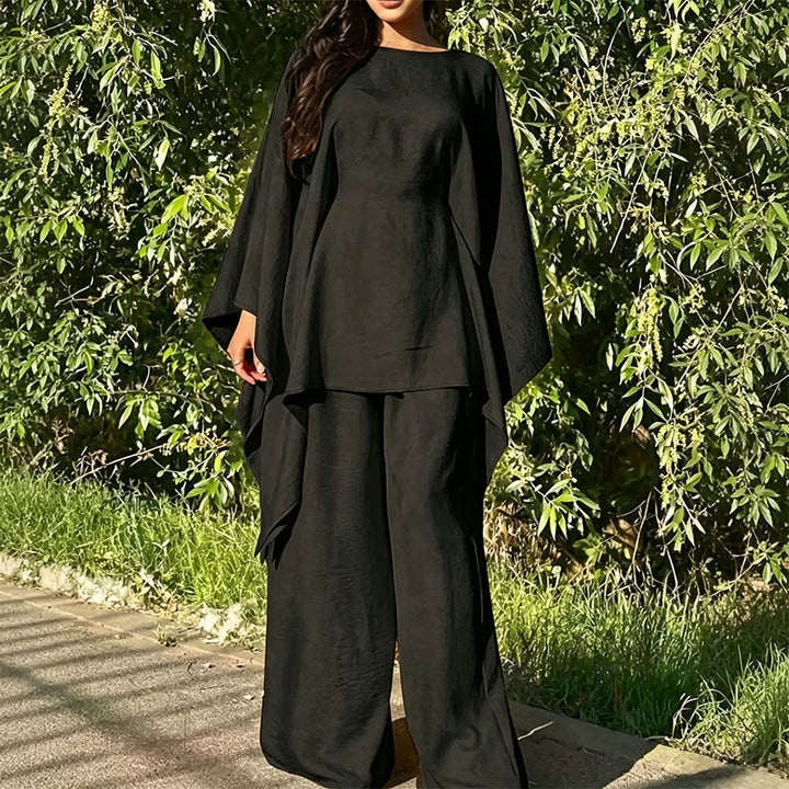 Batwing-sleeve top and wide-leg trousers two-piece set