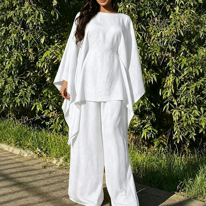Batwing-sleeve top and wide-leg trousers two-piece set