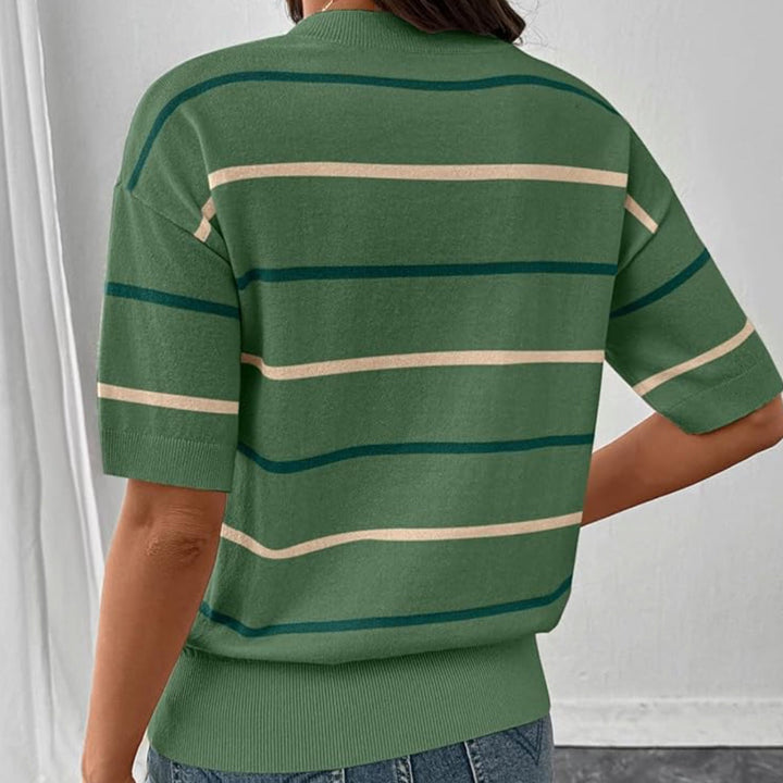 Crew Neck Color Block Stripe Knit Tee