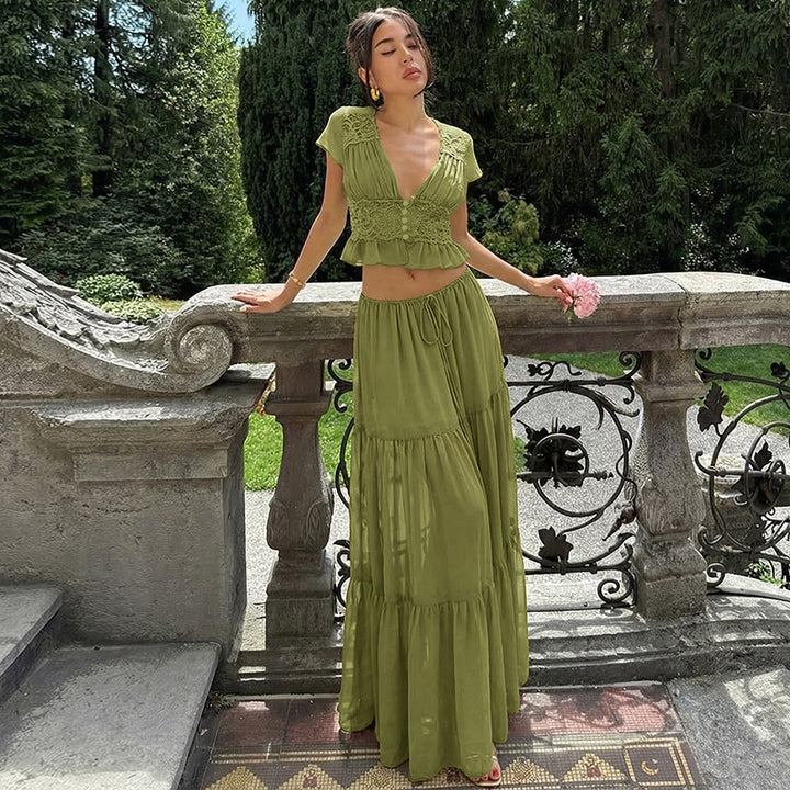 Sage Green Lace Corset Crop Top &amp;amp; Tiered Maxi Skirt 2-Piece Set