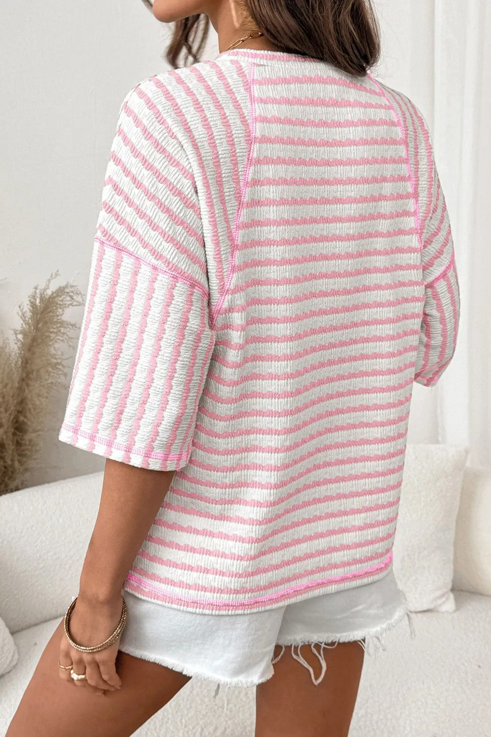 Pink Textured Striped Raglan Sleeve Casual Tee
