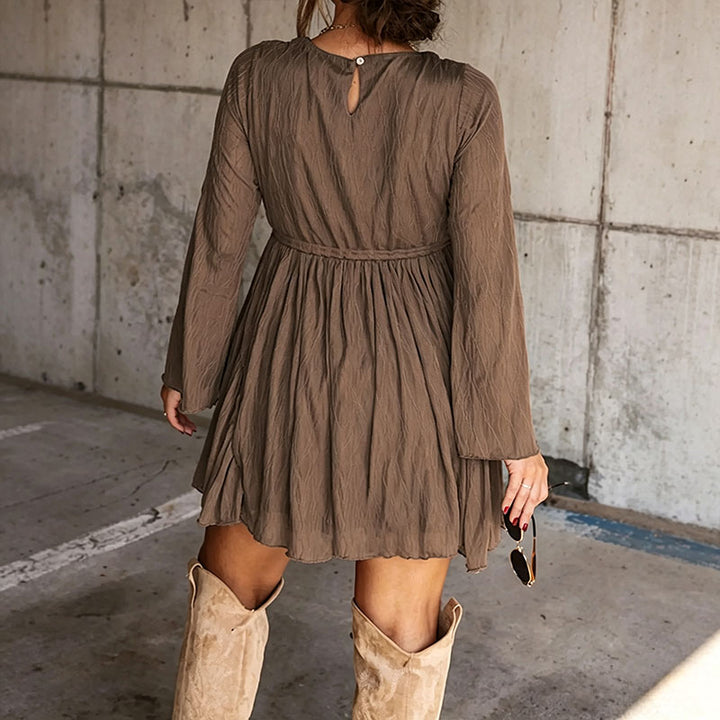 V-neck long-sleeve belted mini dress