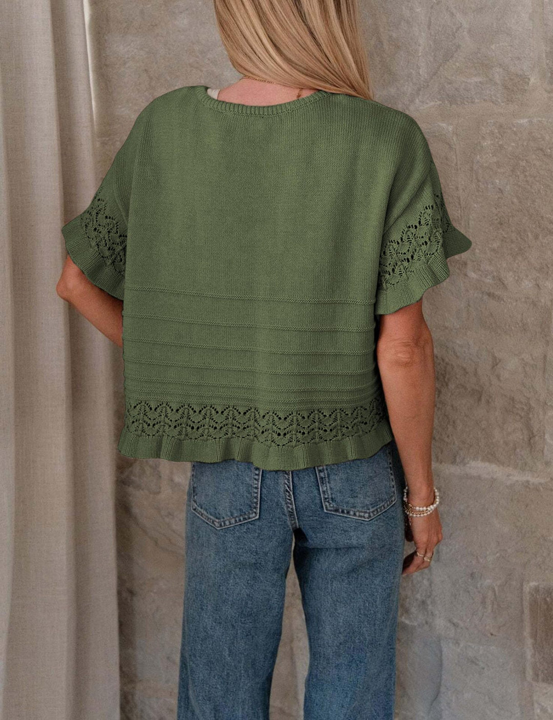 Beige Crochet Lace Trim Short-Sleeve Knit Top