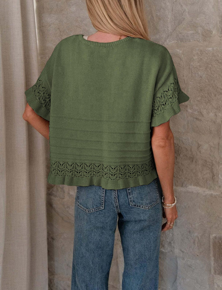 Beige Crochet Lace Trim Short-Sleeve Knit Top
