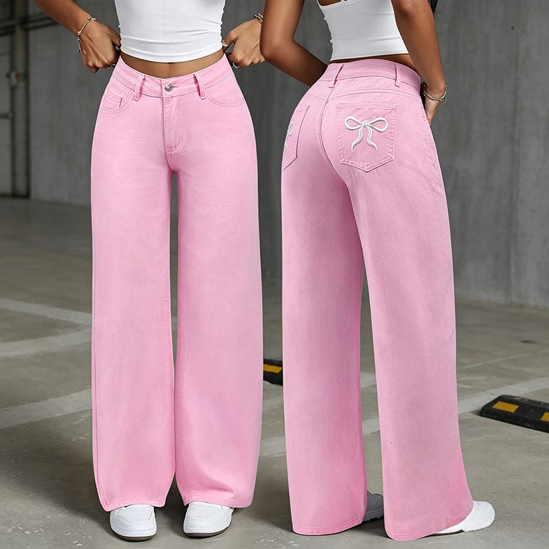 Bow Embroidery Straight Leg Pants