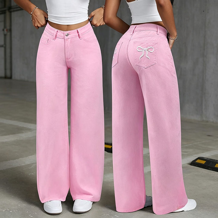 Bow Embroidery Straight Leg Pants