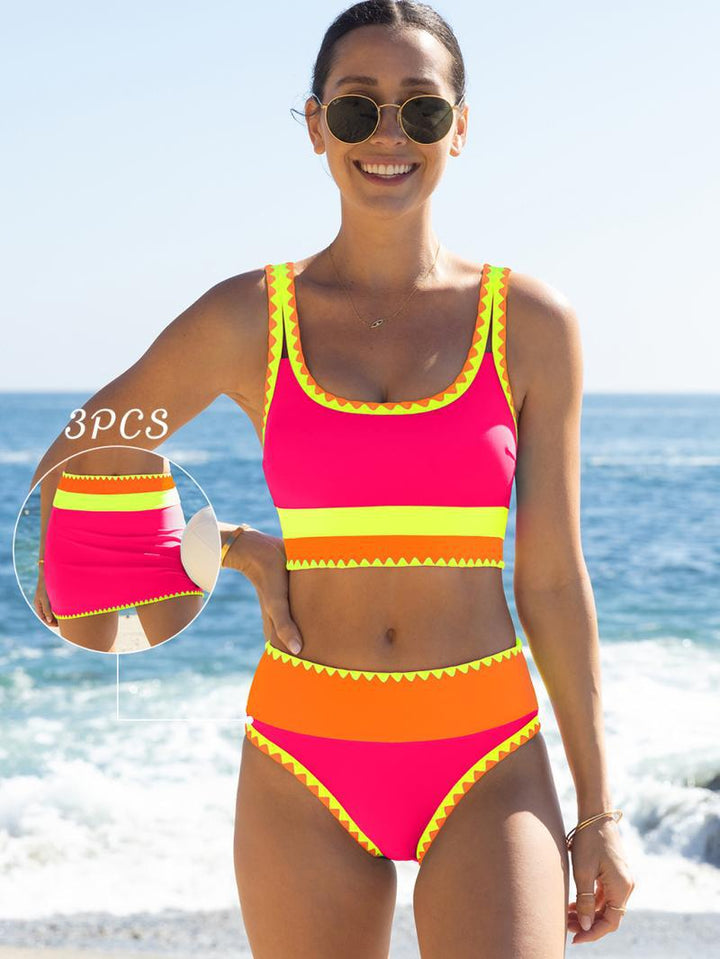 Neon Trim 3-Piece Tankini Swim Set with Skirt