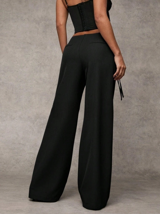 Low-Rise Tie Waist Wide Leg Trousers | Tailored Flare Pants with Metal Ring Detail for Women