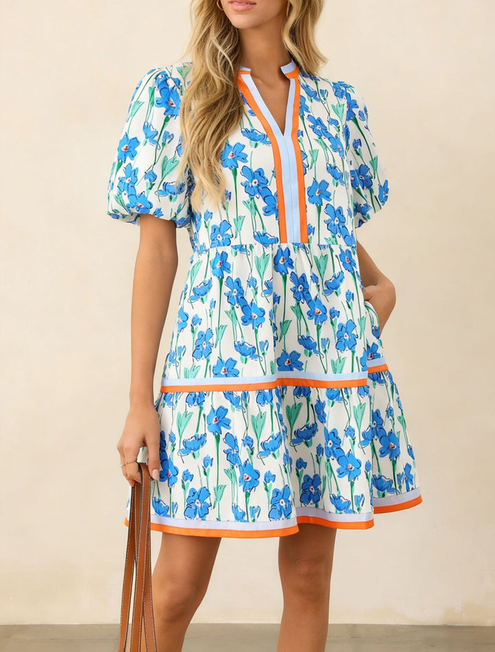 Color Block Trim Blue Floral Puff Sleeve Tiered Mini Dress With Pockets