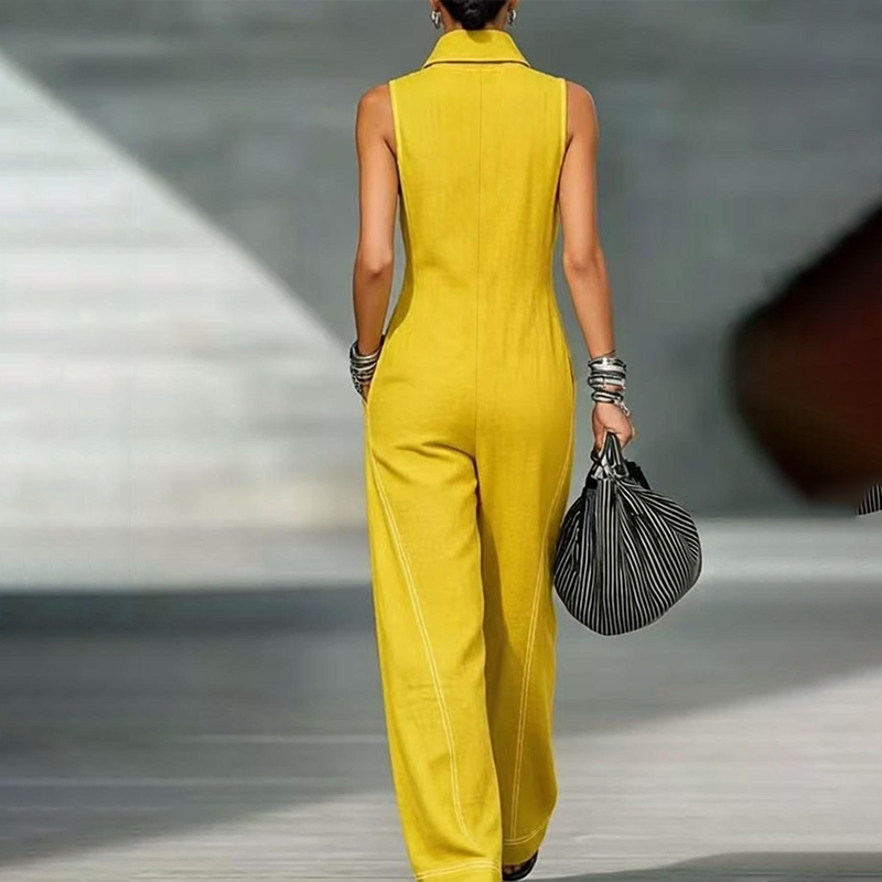 Sleeveless cotton-linen jumpsuit