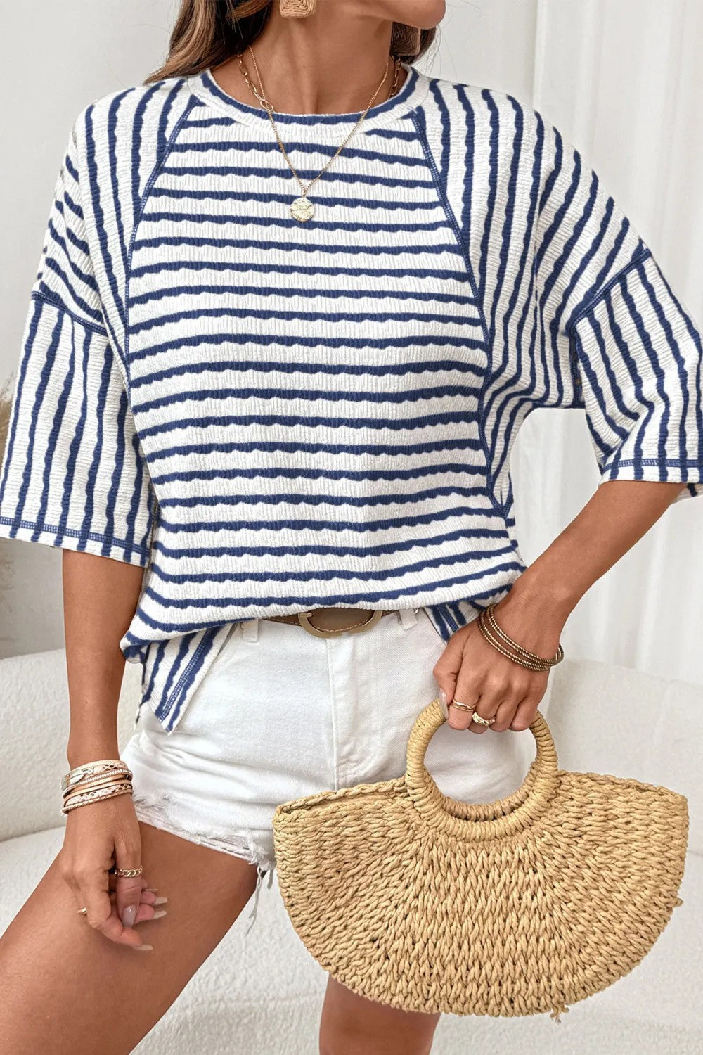 Pink Textured Striped Raglan Sleeve Casual Tee