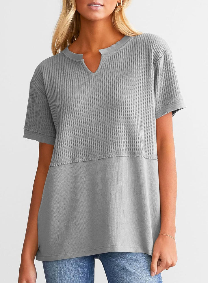 Waffle Knit Split-Neck Short Sleeve Top, Soft Textured Casual Tee
