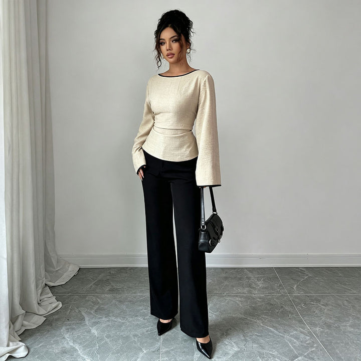 Waist Tie Flared Sleeve Solid Top