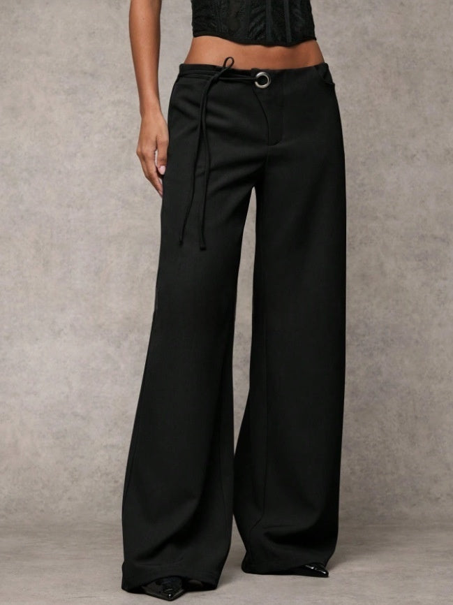 Low-Rise Tie Waist Wide Leg Trousers | Tailored Flare Pants with Metal Ring Detail for Women