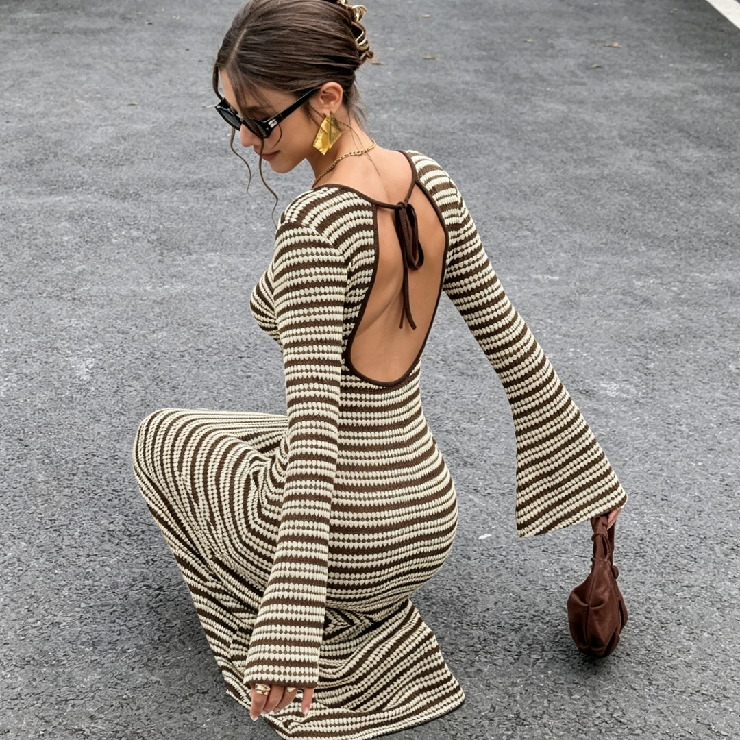 Back Tie Striped Knit Flare Sleeve Midi Dress