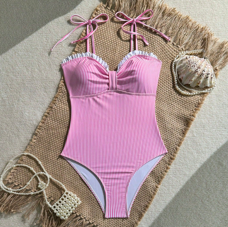 Striped Ruffle Trim Tie-Strap One-Piece Swimsuit