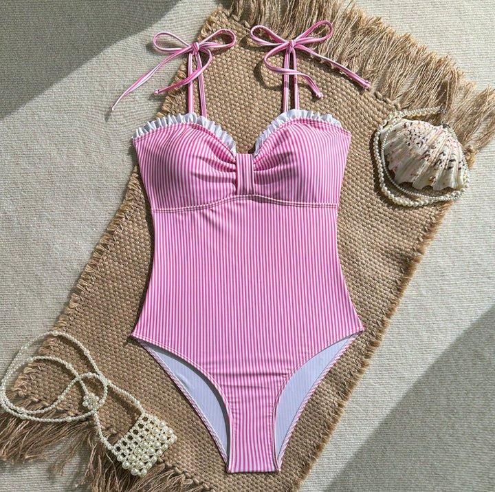 Striped Ruffle Trim Tie-Strap One-Piece Swimsuit