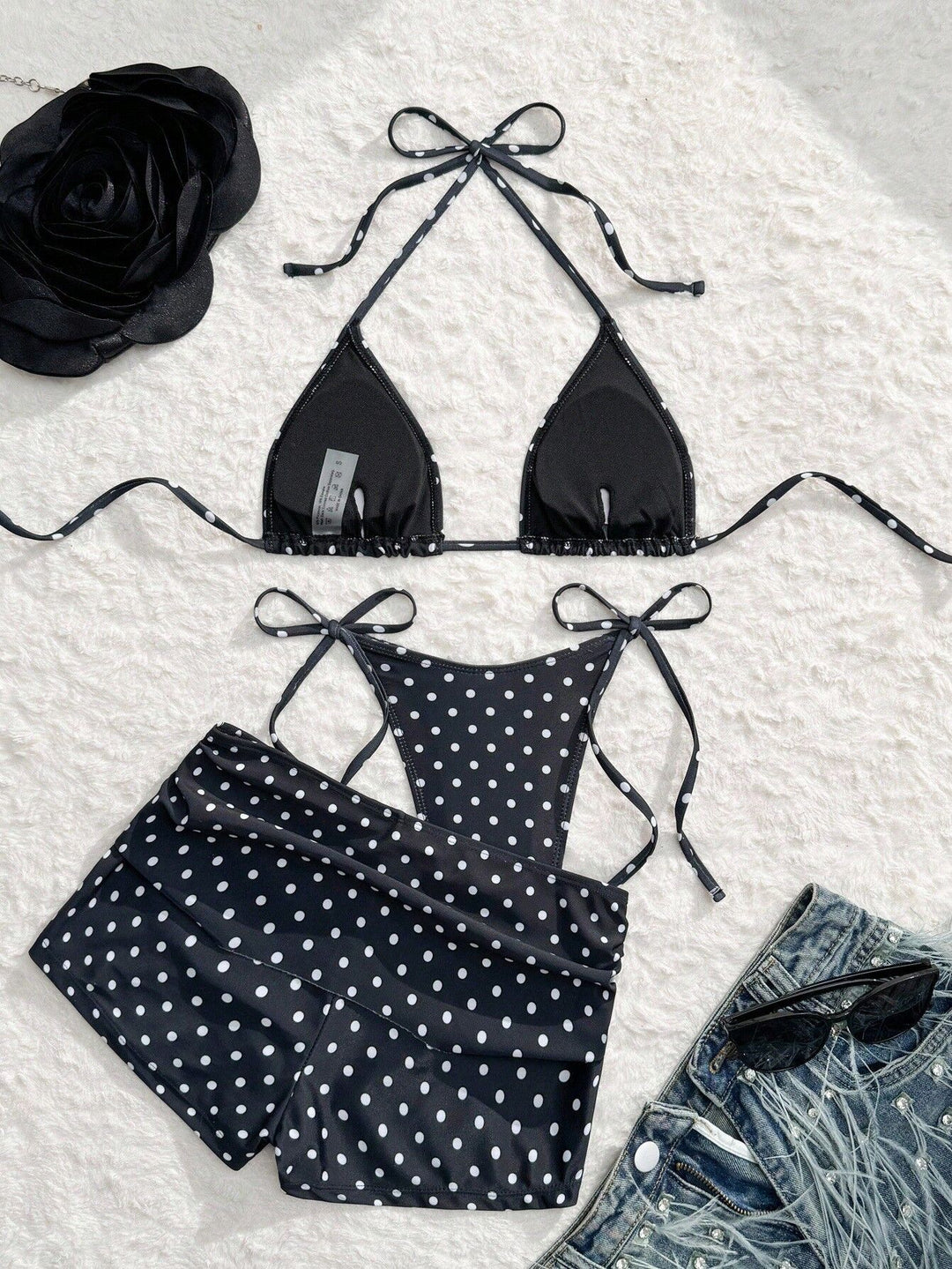 Retro Polka Dot Tie Three-Piece Bikini Set | High Waist Bottoms &amp;amp; Sheer Shorts