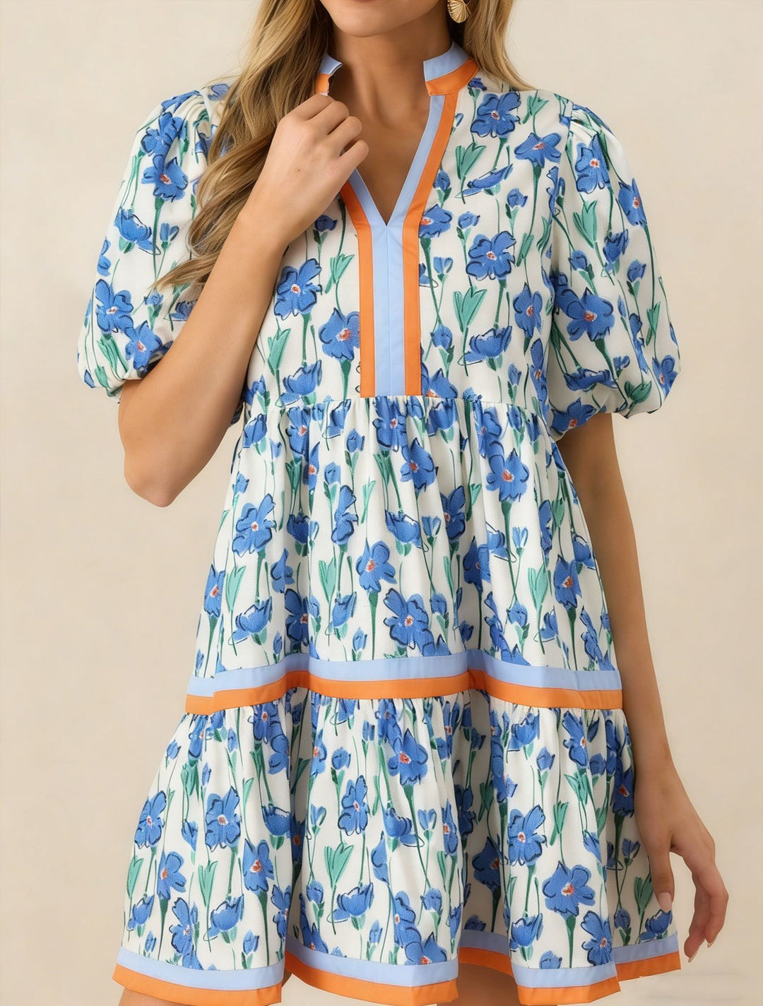 Color Block Trim Blue Floral Puff Sleeve Tiered Mini Dress With Pockets