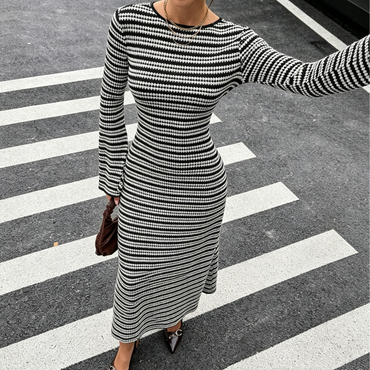 Back Tie Striped Knit Flare Sleeve Midi Dress
