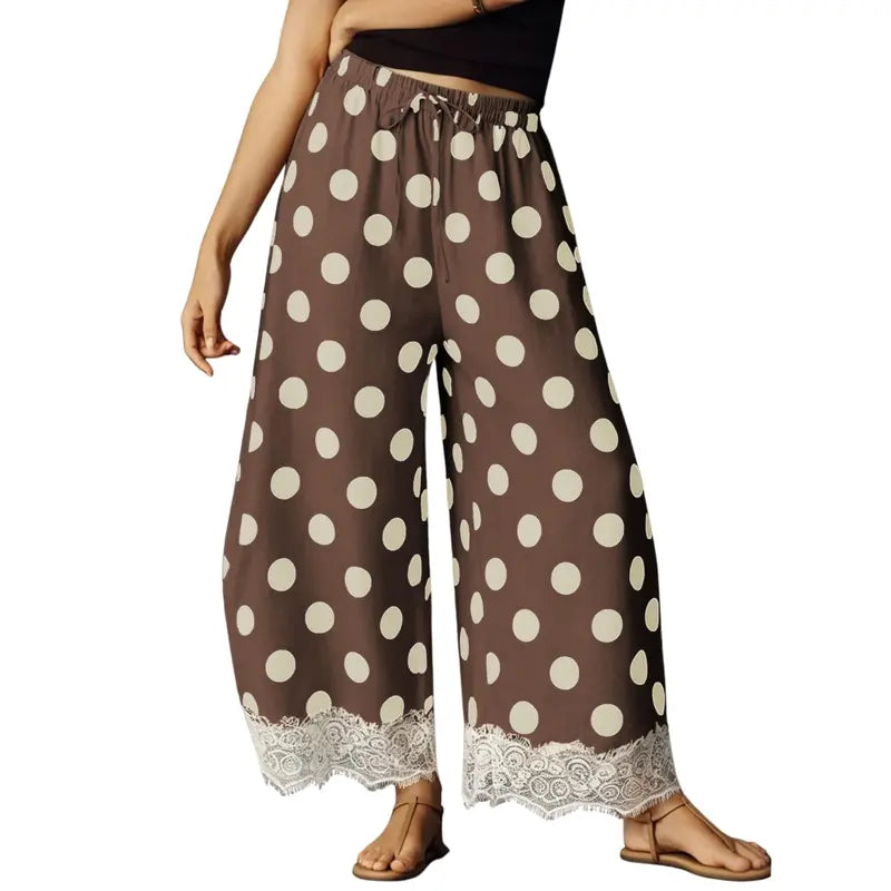 White Polka Dot Drawstring Loose Cropped Pants With Scalloped Lace He