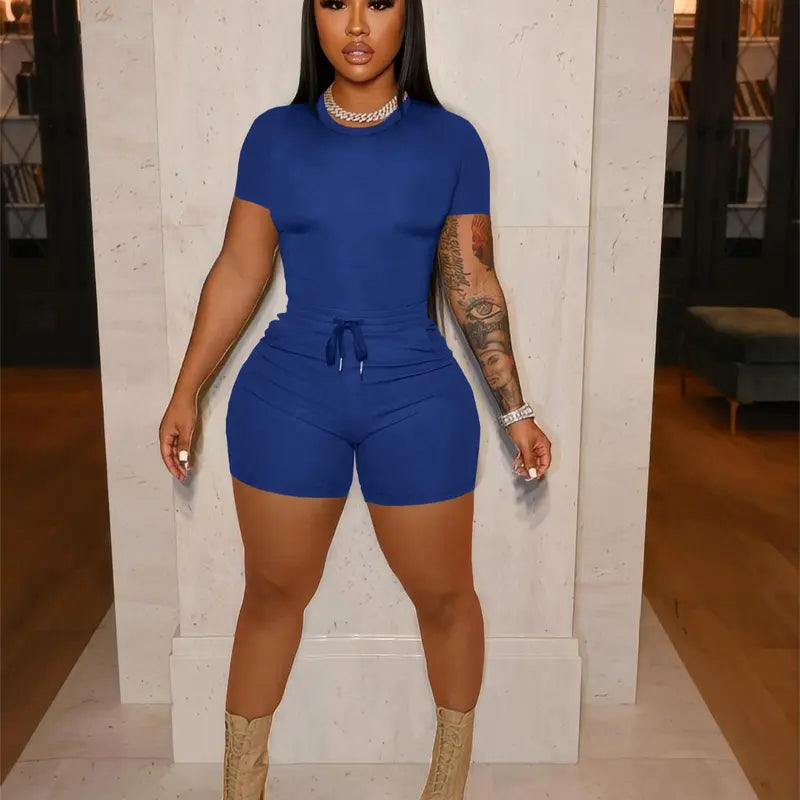 Short Sleeve Top Drawstring Biker Shorts Two-Piece Set
