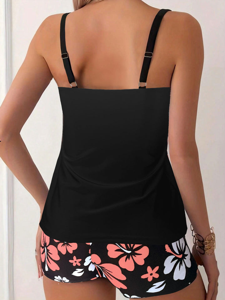 Black Floral Print Tankini with Swim Shorts