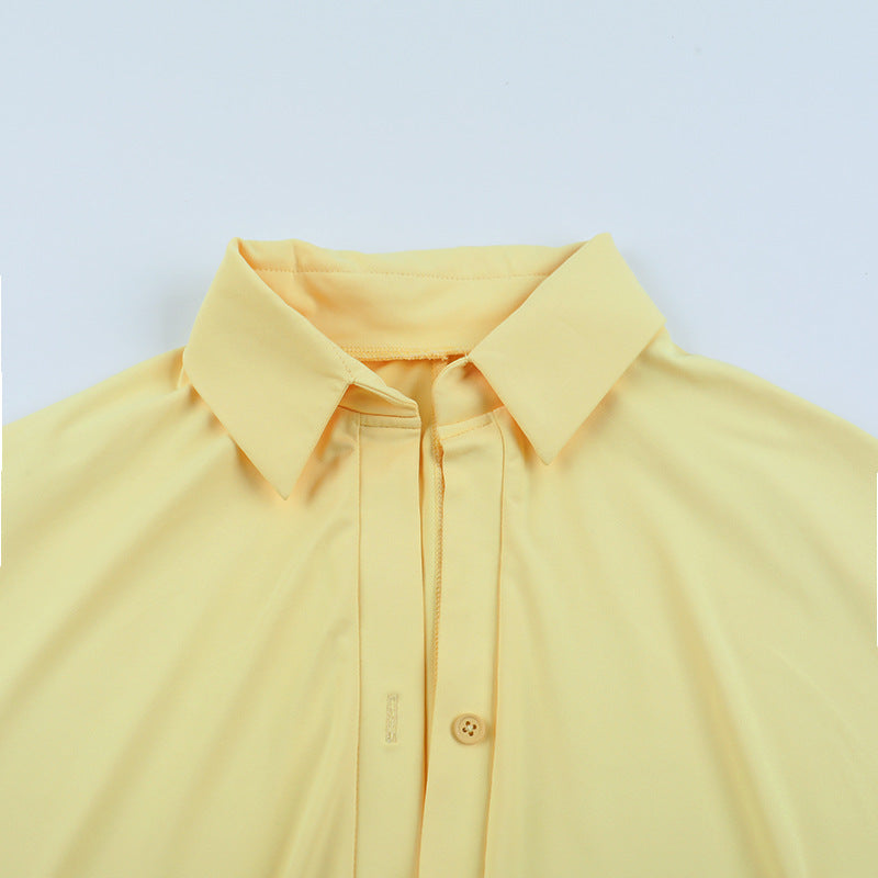 Yellow Ruched Long Sleeve Shirt Mini Dress