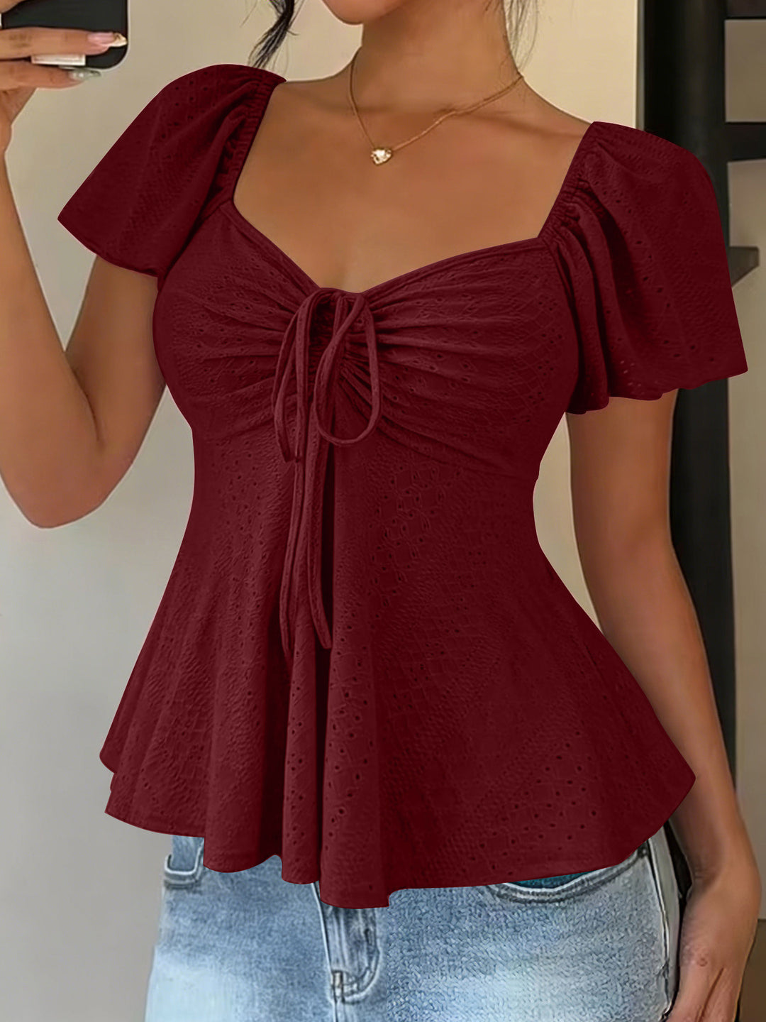 White Eyelet Square Neck Peplum Blouse with Tie Detail