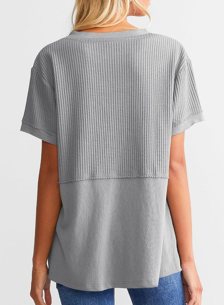 Waffle Knit Split-Neck Short Sleeve Top, Soft Textured Casual Tee