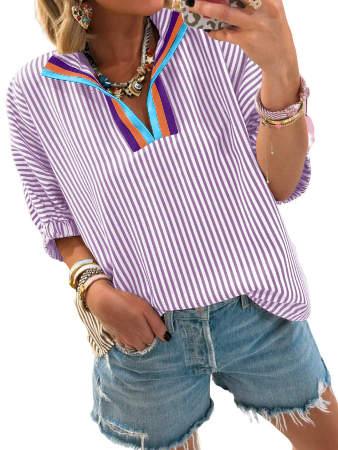 Blue &amp; White Striped Puff Sleeve Blouse with Colorblock V-Neck