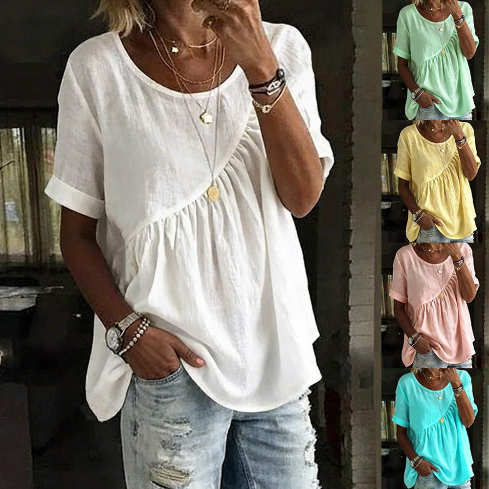 White Linen-Blend Gathered Peplum Top