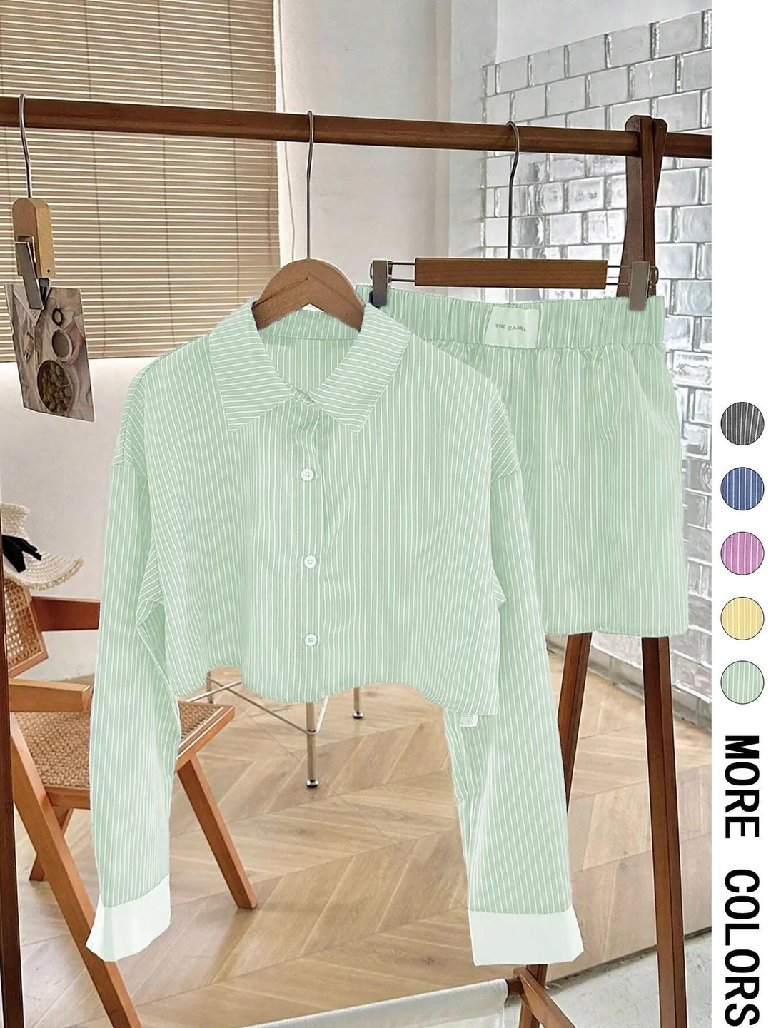 Striped Cropped Button-Down Shirt &amp;amp; Elastic Waist Shorts 2-Piece Set