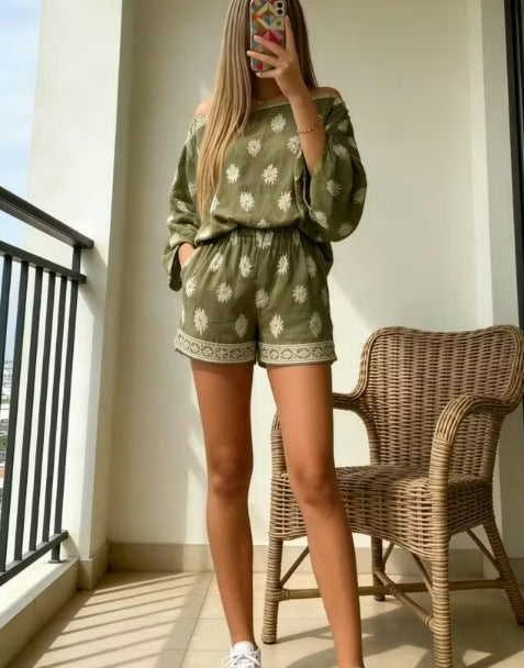 Off-Shoulder Embroidered Two-Piece Short Set | Boho Balloon Sleeve Summer Outfit