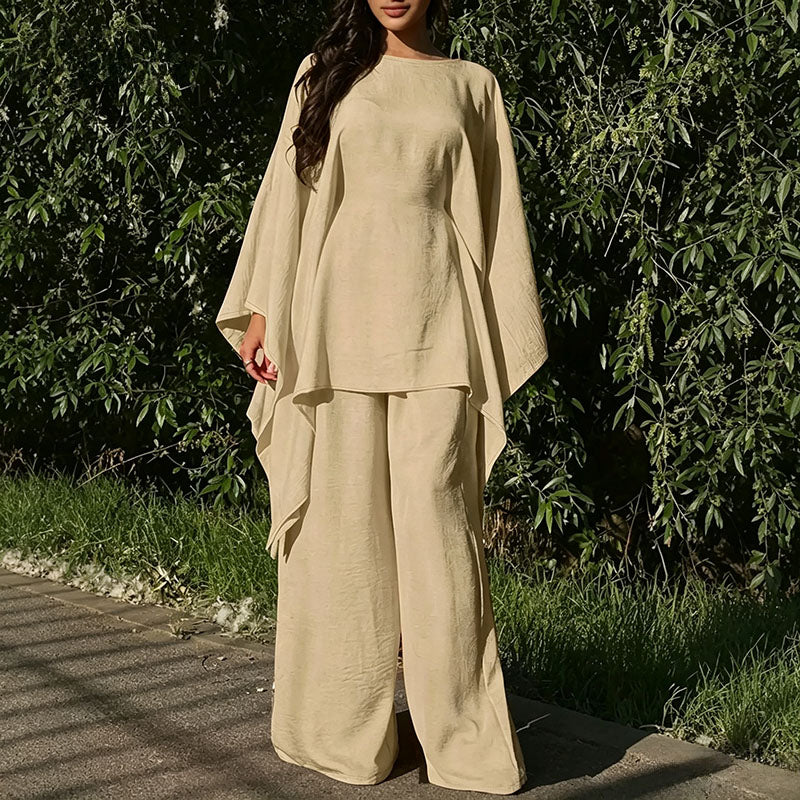 Batwing-sleeve top and wide-leg trousers two-piece set