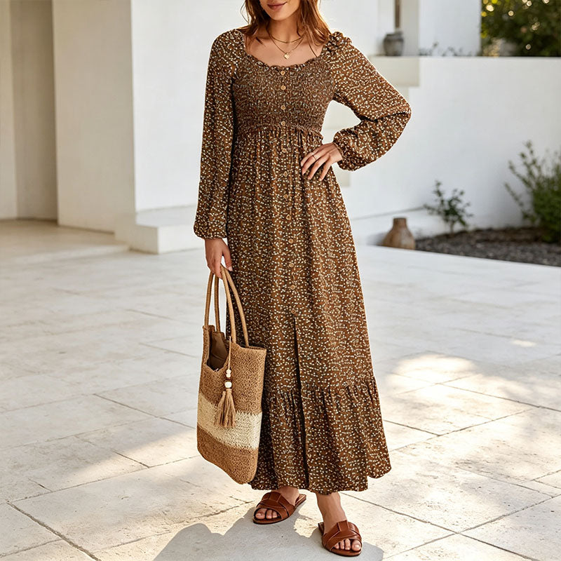 Floral Square Neck Long Sleeve Dress