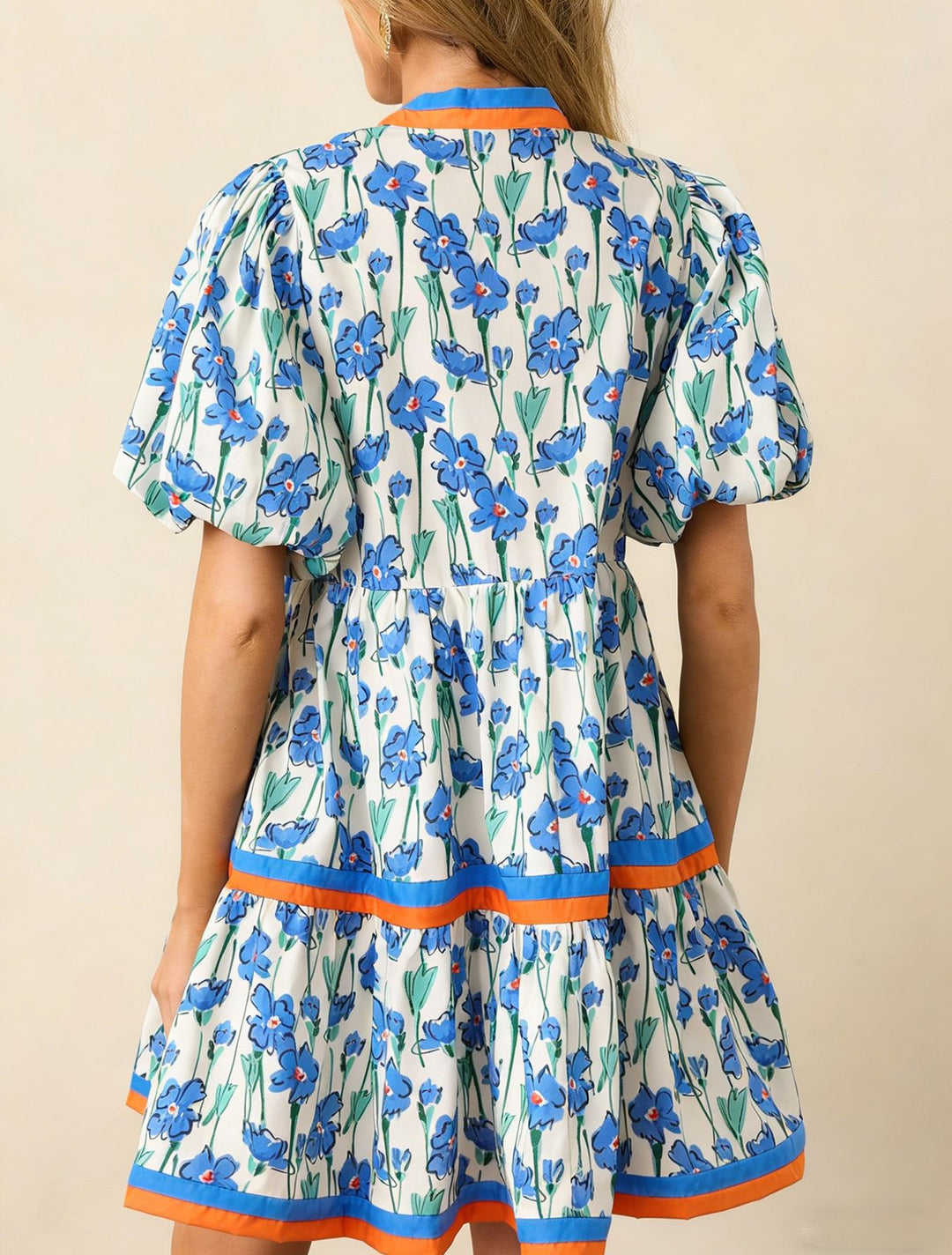 Color Block Trim Blue Floral Puff Sleeve Tiered Mini Dress With Pockets