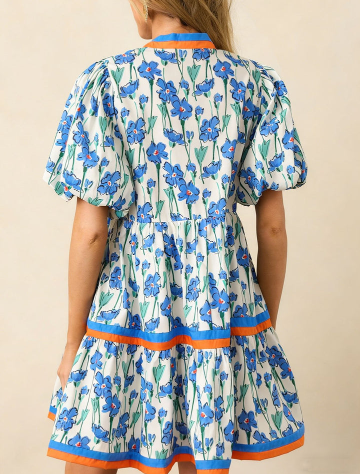 Color Block Trim Blue Floral Puff Sleeve Tiered Mini Dress With Pockets