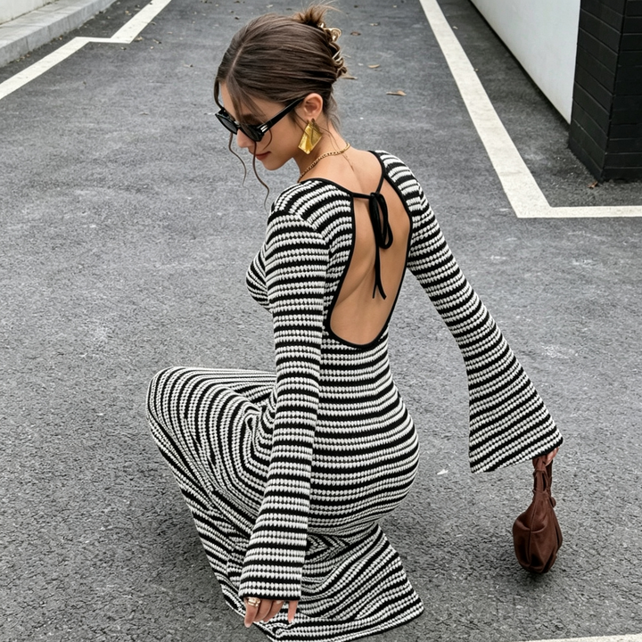 Back Tie Striped Knit Flare Sleeve Midi Dress
