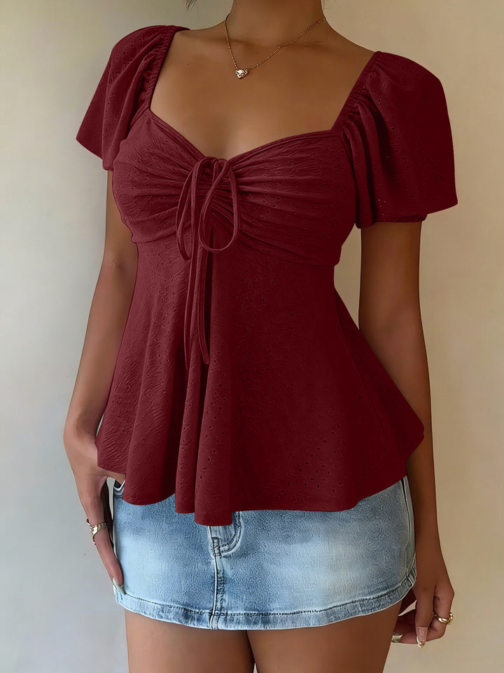 White Eyelet Square Neck Peplum Blouse with Tie Detail