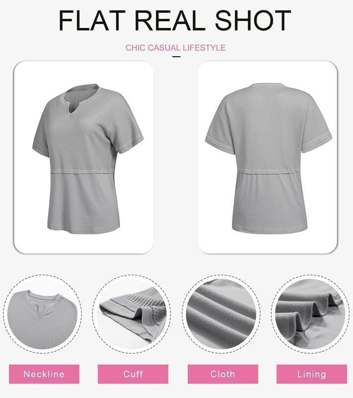 Waffle Knit Split-Neck Short Sleeve Top, Soft Textured Casual Tee
