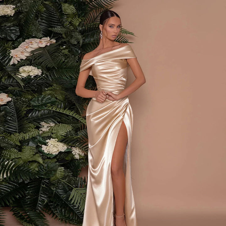 Champagne Satin Off-Shoulder Gown with Draped Detail &amp;amp; High Slit