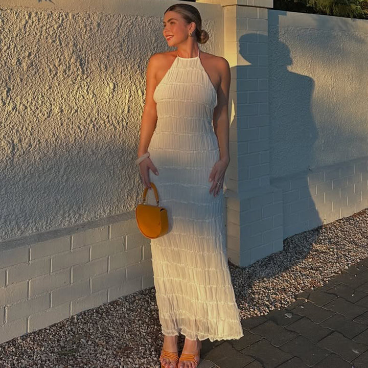 Cream Smocked Halter Maxi Dress | Sleeveless Crinkle Cotton A-Line Beach Dress